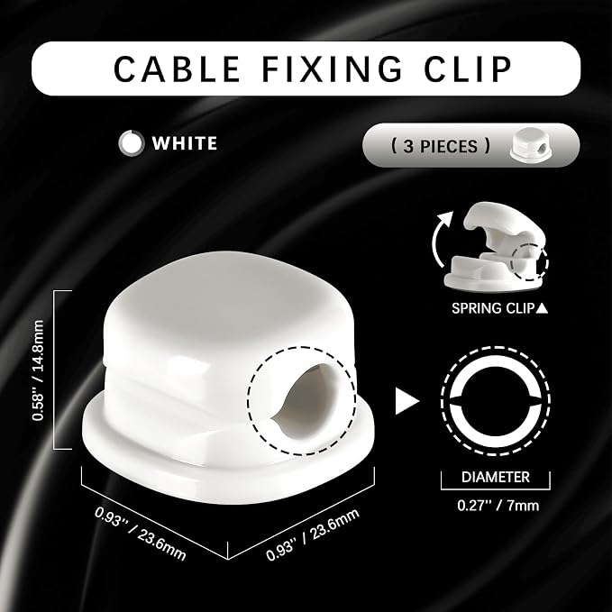 7mm Spring Cable Holder Clips, 3 Pack Desk Cord Organizer, White | Compact cord clips blend into desk edges, bedside tables and car interiors; reduce cord clutter without taking much space