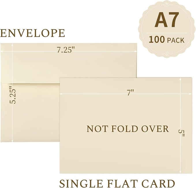 Cream Blank Flat Note Cards and Envelopes (NOT FOLDED), Goefun 5x7 Flat Cream Cardstock and A7 Envelopes Self Seal 100 Pack for Wedding, Invitations, DIY Postcards, Thank You Cards & All Occasion
