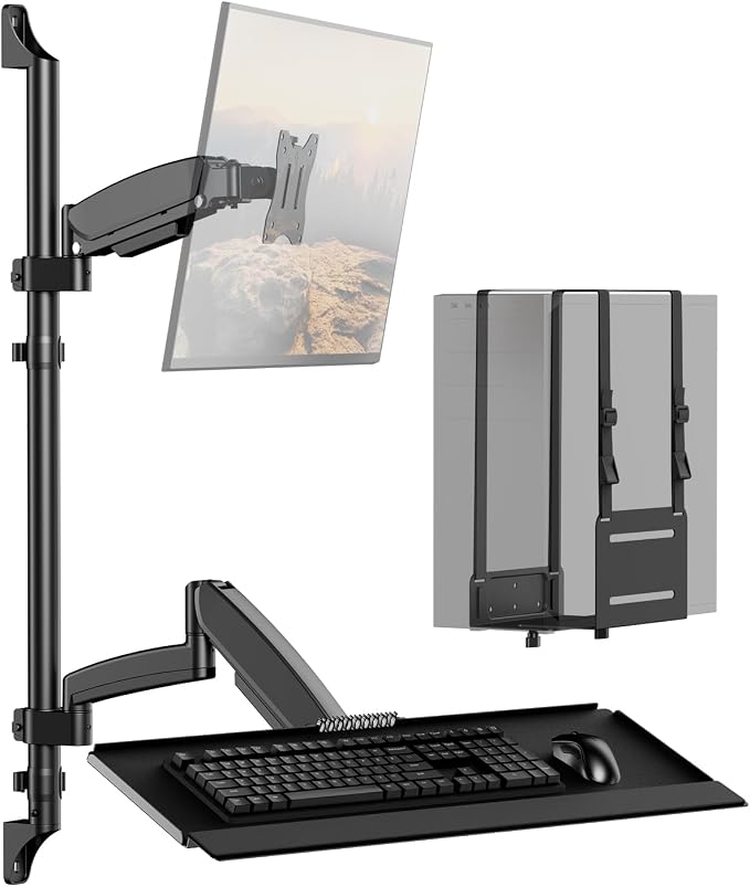 Wall Mount Sit Stand Workstation with Single Monitor Mount, Keyboard Tray and CPU Holder, Height Adjustable Full Motion Arms for 13-32 inch Screens, VESA 75x75, 100x100, Black