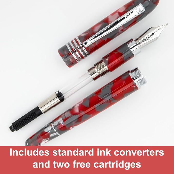 Monteverde USA Ruby Mountain Fountain Pen, Flex JoWo Nib, Red Acrylic Resin, Polished Chrome Trim, Luxury Gift Box Included