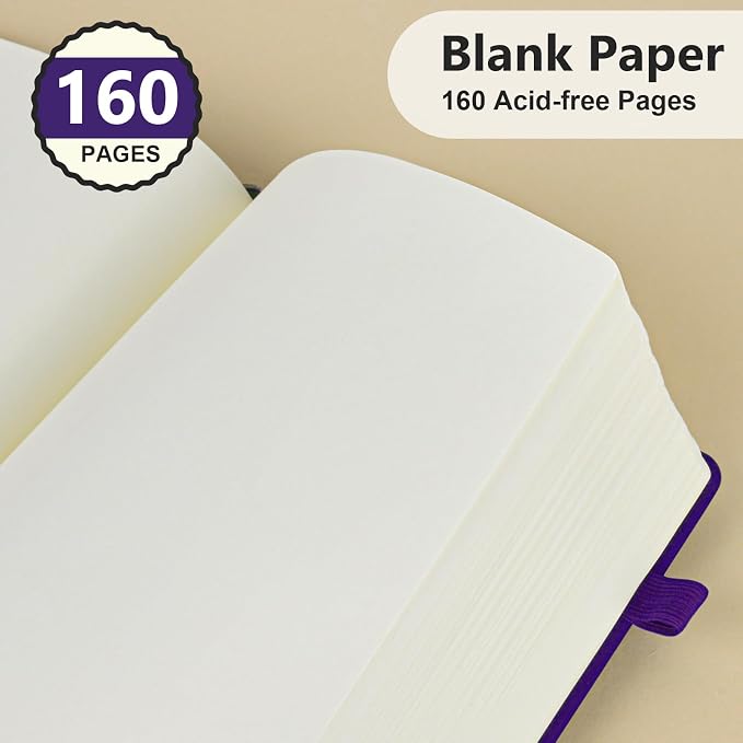 PERCUN Blank Journal Ntebook for Men & Women, 160 Pages Leather Journals for Writing, Drawing Sketch Book,5.9" x 8.5" Hardcover Sketchbook, Unlined Notebooks for Work, School, Art (Purple)