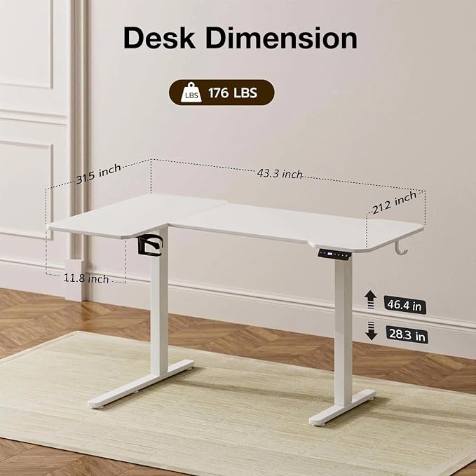 Acrolix L Shaped Electric Standing Desk - 43x31.5 Inch Reversible Corner Sit Stand Desk with Hook&Cup Holder,Electric Height Adjustable Table,for Small Home Office&Bedroom Computer Desk, White
