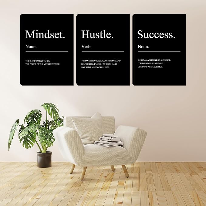 Black Motivational Mindset Wall Decor Canvas Wall Art Hustle Posters Prints Inspirational Entrepreneur Office Decor Success Paintings Artwork Home Bedroom Living Room Decorations (48" Wx24 H)