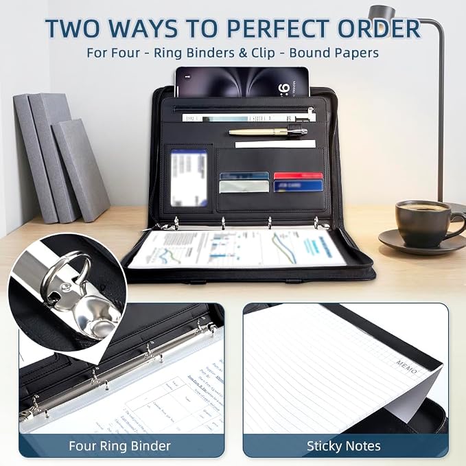 Zippered Padfolio Portfolio Binder, 40 Sleeves & Tablet Holder Case | Features 40 transparent sleeves, tablet pocket & writing pad. Textured leather for office & travel. Secure zipper closure.