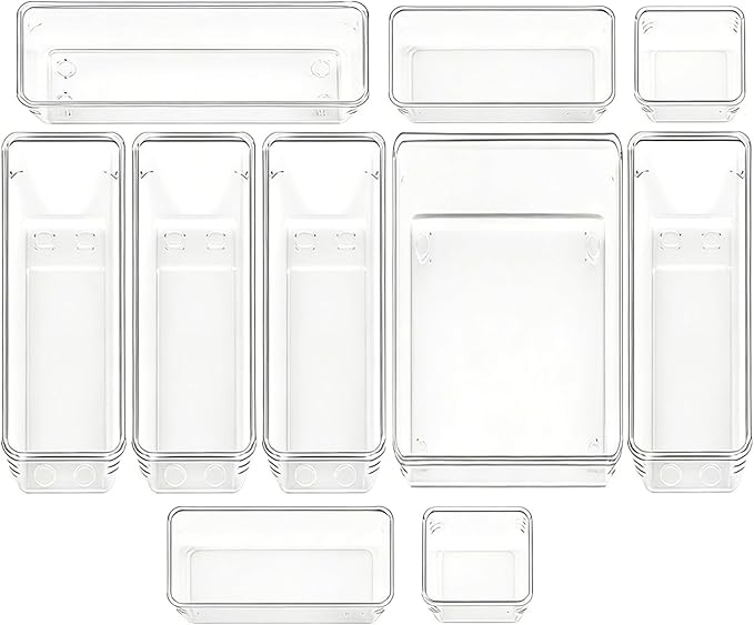 Clear Acrylic Drawer Organizer Trays, 5 Size Junk Box Organization Small Storage Container Bin for Desk Makeup Bathroom Vanity Kitchen Tool Make Up Workspace Home Dorm Apartment Office Room Nightstand