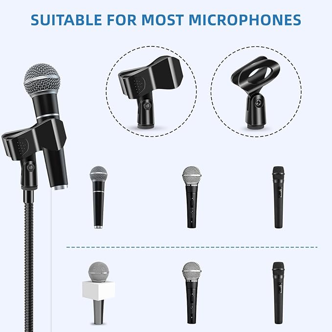 Mic Stand Detachable Gooseneck Microphone Stand Floor Height Adjustable from 24” to 67” for Kids with 2 Mic Clips for Singing Lecture Stage Wedding