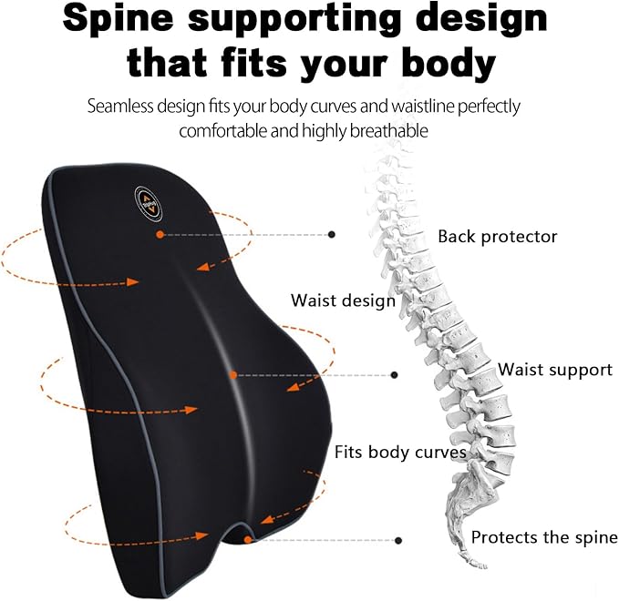 Lumbar Support Pillow for Car, Office, and Gaming Chair, Lumbar Cushion Desk Chair Back Cushion, Memory Foam Back Support Pillow, Comfortable and Breathable, Ergonomic Back - Black