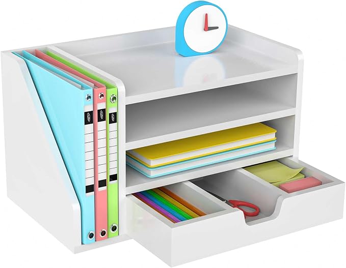 Multi-Tier Wood Desk File Organizer with Side File Rack, 3 Tray Shelves & Adjustable Drawer - Space-Efficient Design Easy to Assemble for Efficient Office Setup, Reduces Desk Clutter (White)