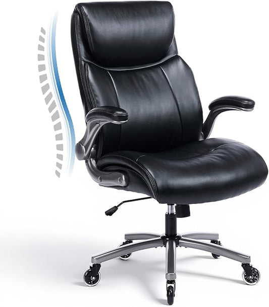 Ergonomic High-Back PU Leather Executive Office Chairs, Heavy Duty Home Computer Chair with Lumbar Support and Flip-Up Arms, 300lbs, Black