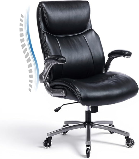 MALOL 300lbs Ergonomic PU Leather Office Chairs, High-Back y Home Computer Executive Chair with Lumbar Support and Flip-Up Arms, Black