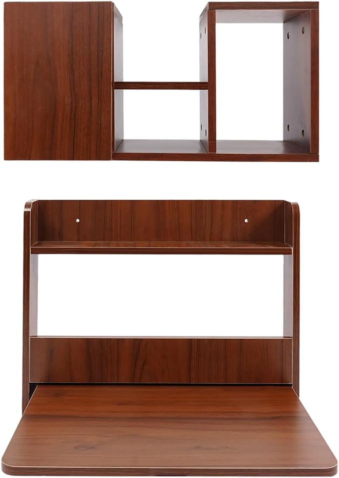 Floating Desk, 24" Wall Mounted Folding Desk with Bookshelf Folding Wall Desks Space Saving Workstation with Storage Shelves for Home Office Bedroom Study Room Small Space
