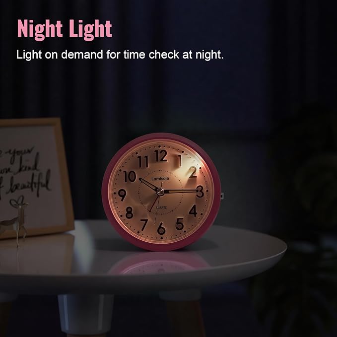 Lamisola 4 Inch Alarm Clock for Bedrooms, Small Analog Desk Clock, Pink | Battery Operated Bedside Clock for Bedroom Bathroom Home Nightstand Shelf, Night Light Snooze, Minimalist Clocks for Seniors