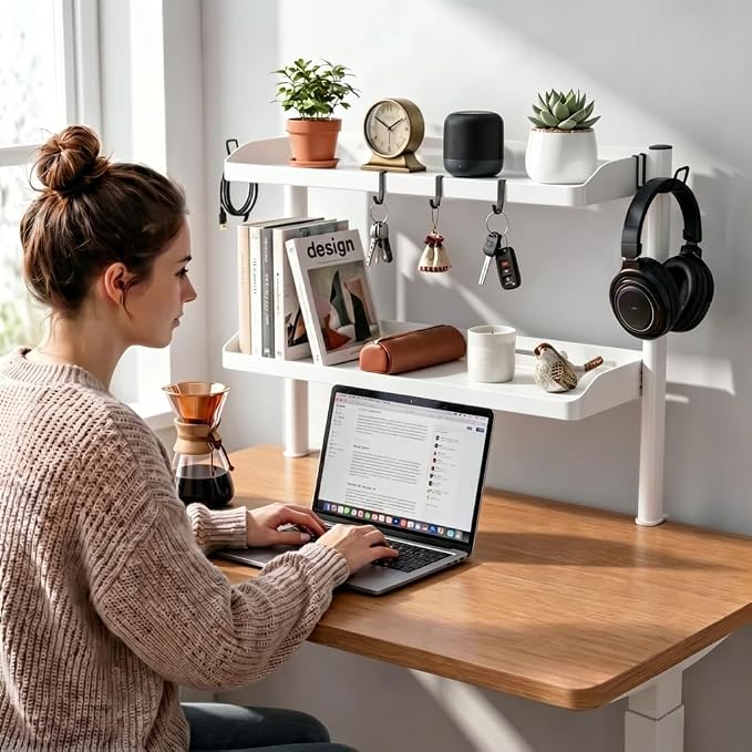 Clamp on Desk Shelf White, 24in 2-Tier Office Desk Shelves Organizer, Shelf for Top of Desk with Headphone Holder and Hooks, Desktop Storage Rack for Home Workspace, Study Rooms, Gaming Accessories