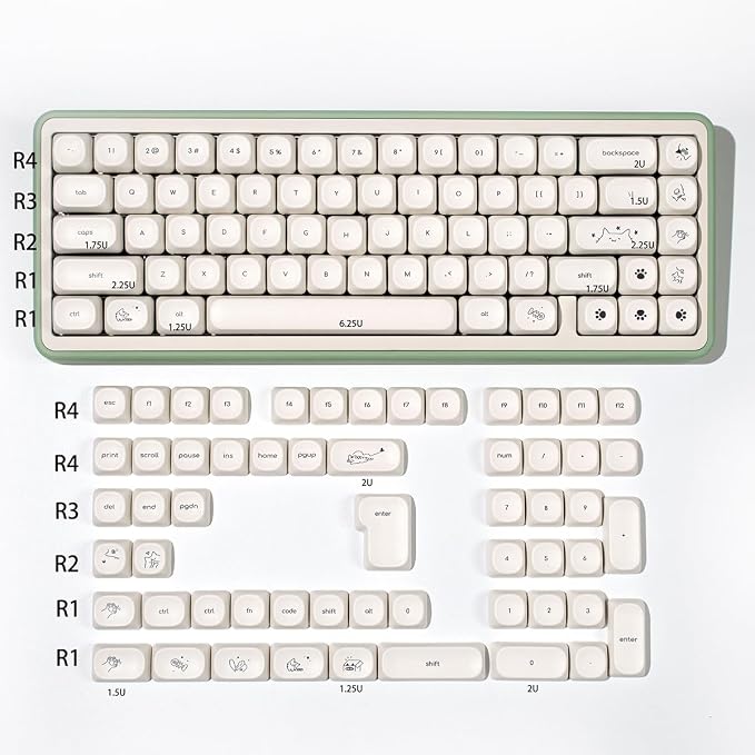 MOA Profile Cute Cat Keycaps, 124keys PBT Keycaps Set, Minimalist White Keyboard Caps, Custom Dye Sublimation Key Caps for 61/64/68/84/87/100/104/108 Cherry MX Mechanical Keyboards(124 Keys)