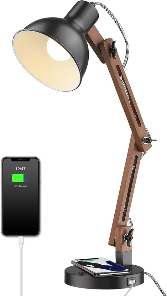 ELYONA Modern LED Desk Lamp with Upgraded Wireless Charger & USB C Charging Port Sapele Wood Table Lamp Swing Arm Bedside Reading Task Light for Dorm Office Bedroom Living Room Bulb Included Black