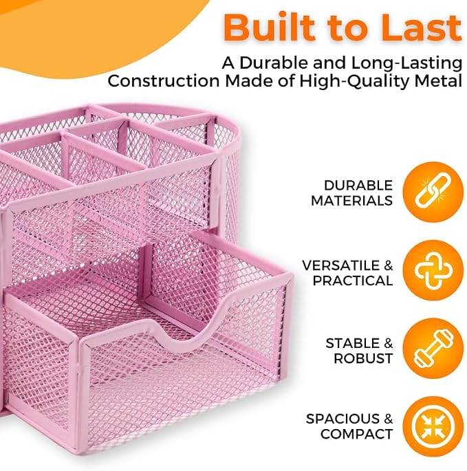 Modern Minimalist 9-Compartment Pink Desk Organizer - Pen Holder with Drawer Tray - Office Supplies Organizer