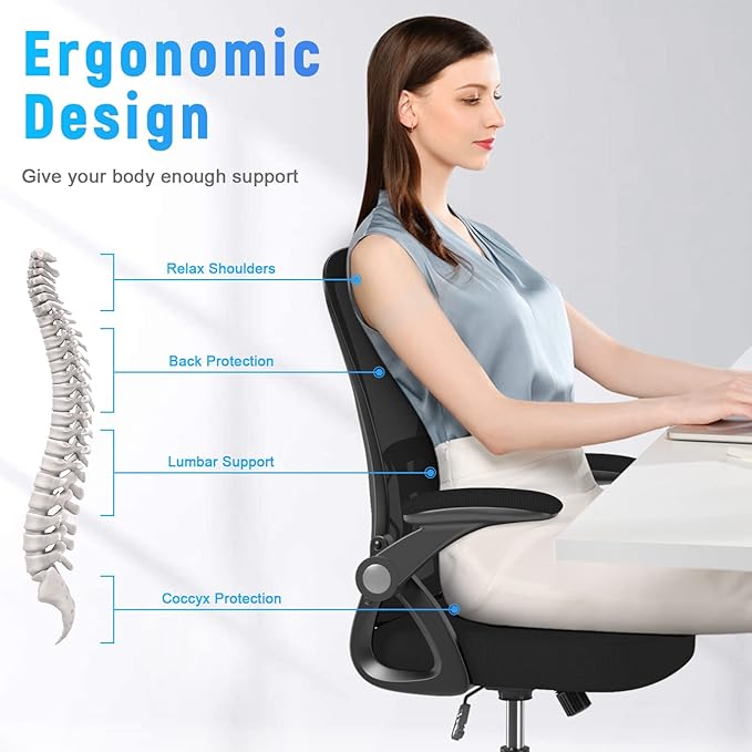 naspaluro Home Office Desk Chair Mid Back with Adjustable Height Dark Black | Comfy Ergonomic Chair with Flip-Up Arm and Lumbar Support, Breathable Mesh Swivel Computer Chair for Study Working Teacher