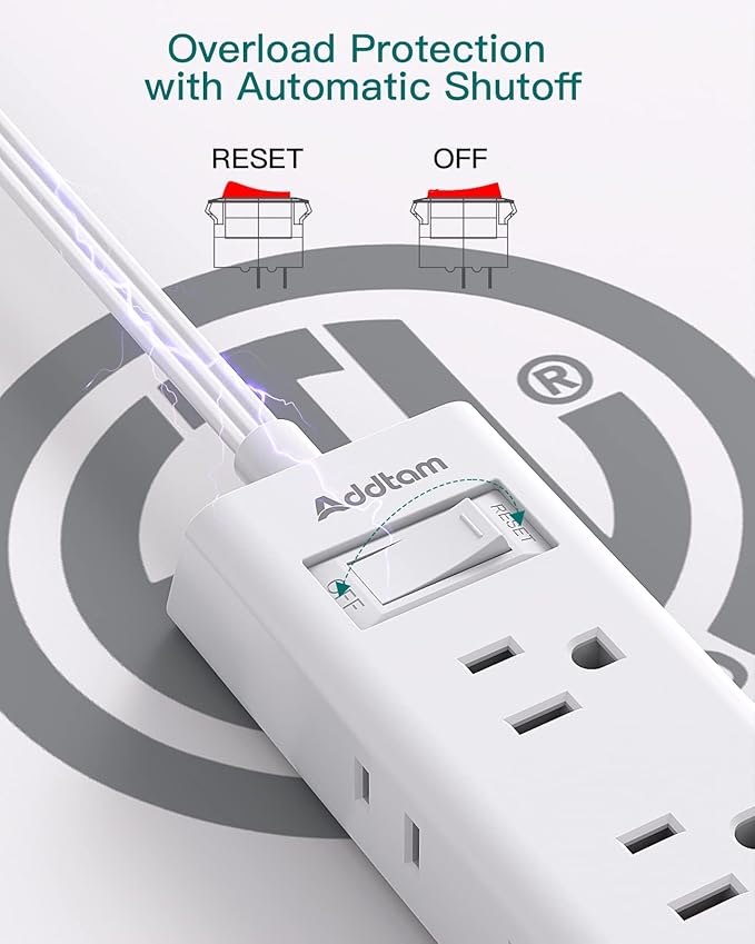 Cruise Ship Essentials, Flat Plug Power Strip, Addtam 3FT Ultra Flat Extension Cord with 6 Outlets Extender, No Surge Protector for Cruise Ship, Travel, Dorm, Home Office, ETL Listed