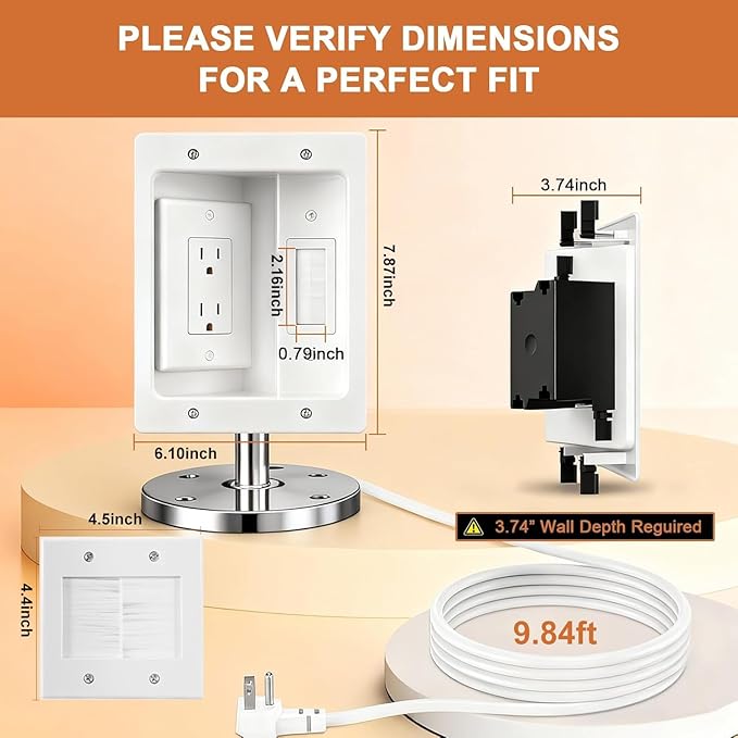 in Wall Cable Management Kit with Recessed Tv Outlet Box-Two-Hole Socket, 9ft Cord,Tv Cable Hider Wall Kit Hider Box Fits All Plugs, Easy, Safe Cable Management