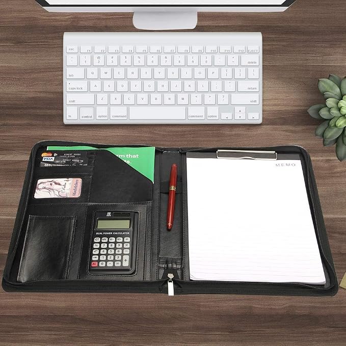 Black Leather Padfolio with 3 Ring Portfolio A4 Binder with Clipboard Padfolio for Women Men Professional Business Binders Organizer with Calculator Planner Portfolio Executive Notebook Closure Folder