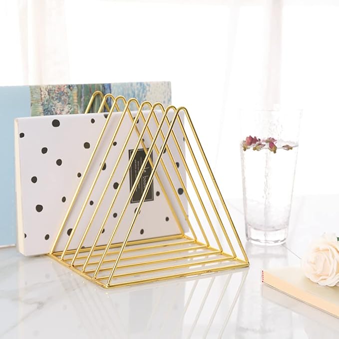 Sooyee 2 Pack 9 Slot Gold Magazine Holder, Desktop File Sorter Organizer Triangle Bookshelf Decor for Home Office, Iron Wire