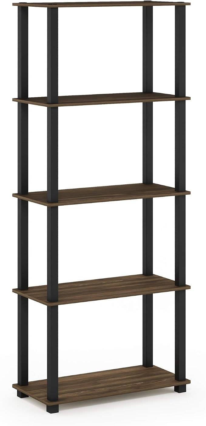 Furinno TURN-S-TUBE Book Shelf, 5-Tier Toolless Storage Shelves with Square Tubes, Shelving Unit for Organization and Storage for Living Room, Home Office, Columbia Walnut
