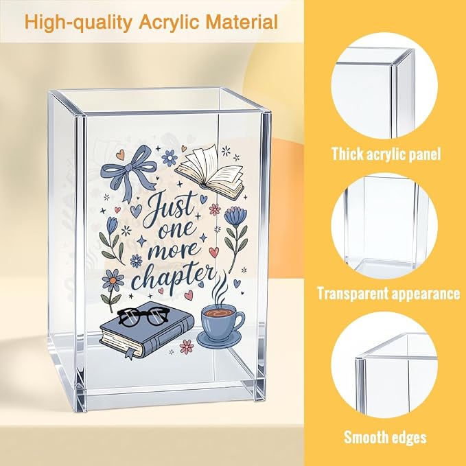 Just One More Chapter Acrylic Organizer Pencil Pen Holder, Coquette Book Coffee Design Pencil Cup, Inspirational Bookworm Gifts for Reader Book Lover Book Club Member Student Bibliophile