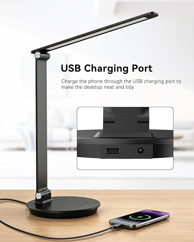 LED Desk Lamp with USB Charging Port, Touch Control, 6 Brightness Levels 6 Color Temperatures, Eye-Caring Desk Light with 1-Hour Timer, Adjustable Foldable Lamp for Home Office, Bedroom, Study