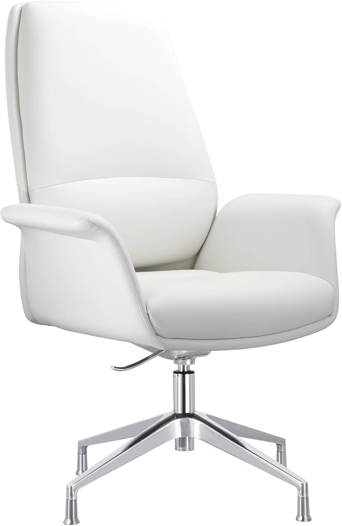 LeisureMod Mid-Century Modern Swivel Office Chair, Adjustable Height with Faux Leather Seat and Aluminum Frame, White