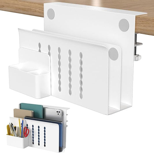 HAMOPY Desk Side Storage, 2 Tier Steel Hanging Desk Organizer with Magnetic Pen Holder, No Drilling Standing Desk Drawer Cable Management Tray, Under Table Laptop Holder for Office, School&Home(White)