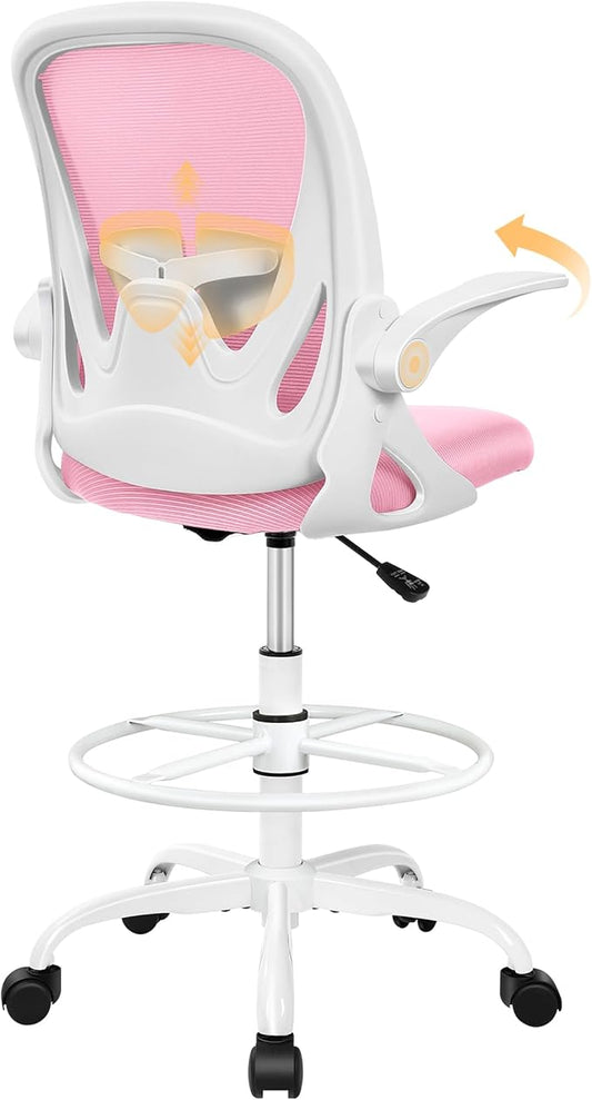 Primy Drafting Chair Tall Office Chair with Flip-up Armrests Executive Ergonomic Computer Standing Desk Chair with Lumbar Support and Adjustable Footrest Ring (Pink)