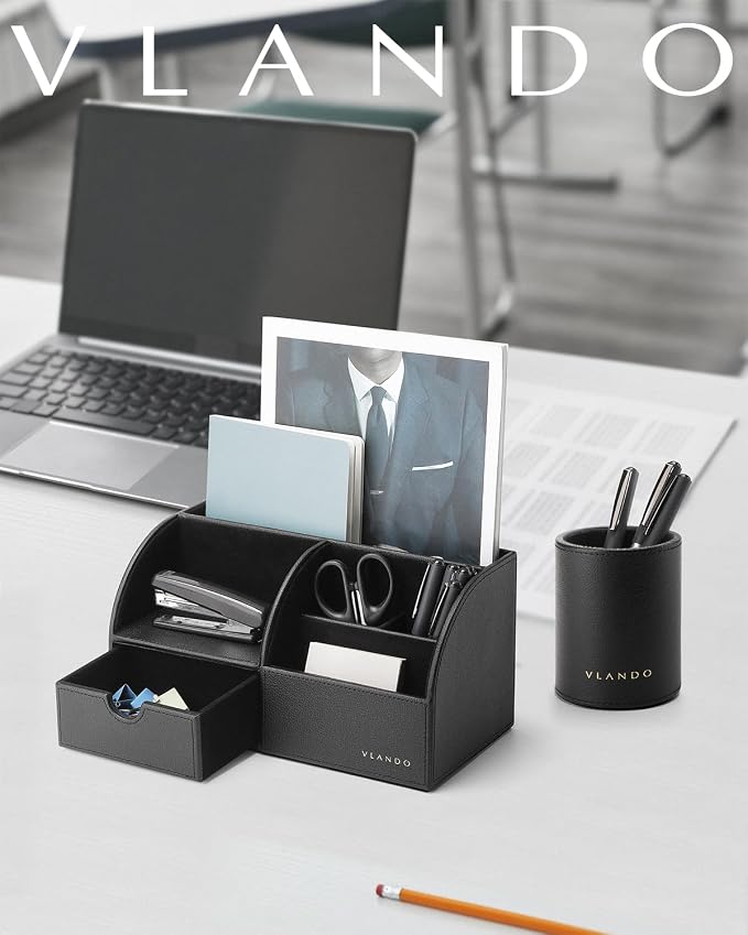 VLANDO 2 Pcs PU Leather Desk Caddy Set with Drawer,Pen Holder | Set for Office Supplies,Remote Controls,Pens,Small Accessories,Workspace Decor for Men,Black