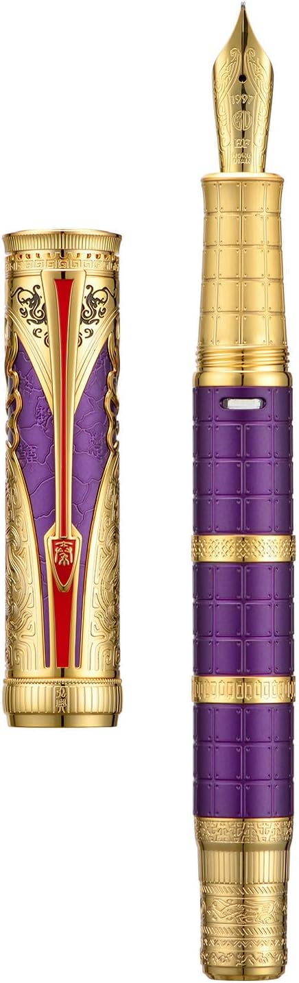 HONG DIAN D5 Qin Dynasty Fountain Pen Purple Gold, Extra Fine Nib Piston Filling Pen, Retro Chinese Totem Engraving Smooth Writing Pen with Pen Box Set
