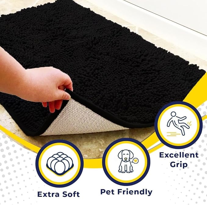 Muddy Mat® | Super Absorbent Door Mat Indoor, Microfiber Quick Dry Chenille Entryway Rug, Non-Slip Front Door Mat, Indoor Mats for Entryway, Machine Washable Pet Rug, Black 24"x96"