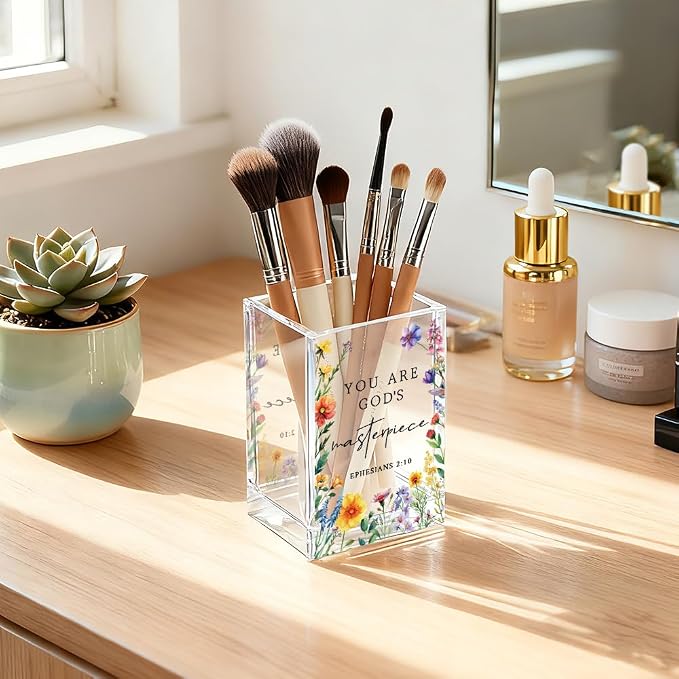 You Are God's Masterpiece Acrylic Pencil Holder Cup for Women Girls | Floral Christian Pen Holder Gifts for Desk, Christian Bible Verses Makeup Brush Organizer for Home Office Desk Accessories