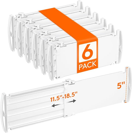 Lifewit 6 Pack 5" High Drawer Dividers for Clothes, 11.5"-18.5" Expandable Dresser Drawer Organizers, Adjustable White Plastic Separators for Kitchen, Cabinet, Nursery, Socks & Underwear Storage