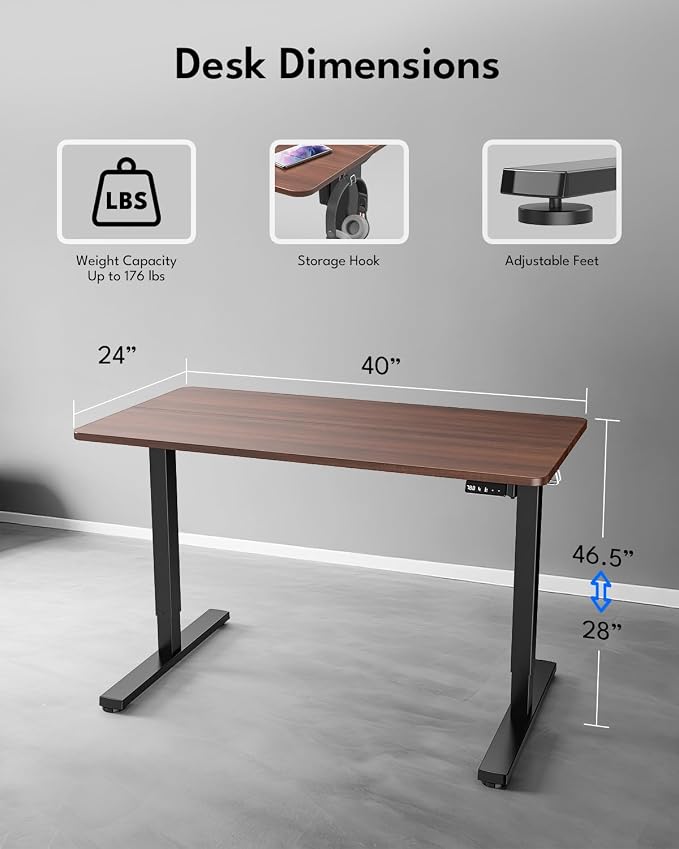 Electric Standing Desk, Gaming Desk, 40 x 24 Inch, Walnut | Height Adjustable Computer Desk with Smart Controller, Sit and Stand Up Table for Home, Office, Work, Study, Writing