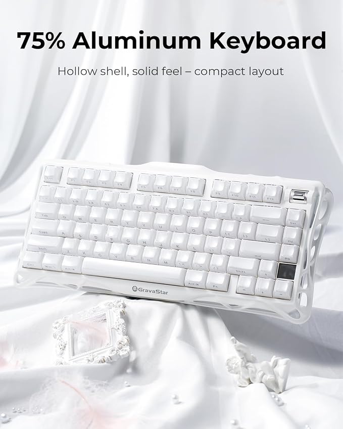 GravaStar Mercury K1 75% White Wireless Keyboard, Aluminum Alloy Exoskeleton Design Mechanical Gaming Keyboard, Gasket Hot-Swap Socket, Linear Switches, RGB Backlit【Opaline White】