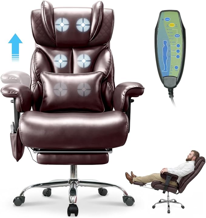 Massage Office Chair with 6 Point Vibration, Foot Rest and Adjustable Armrests – 500lbs Ergonomic Executive Home Office Desk Chairs for Big and Tall Heavy Duty People