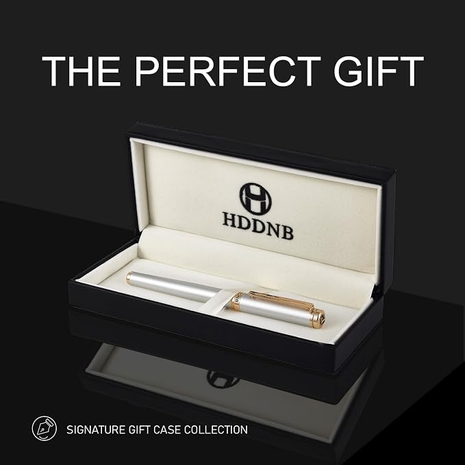Silver Luxury Fountain Pen Set for Men and Women with Gift Box, 24K Gold Finish and Gilded Nib(Medium) with 5 Black Ink Cartridges and Converter