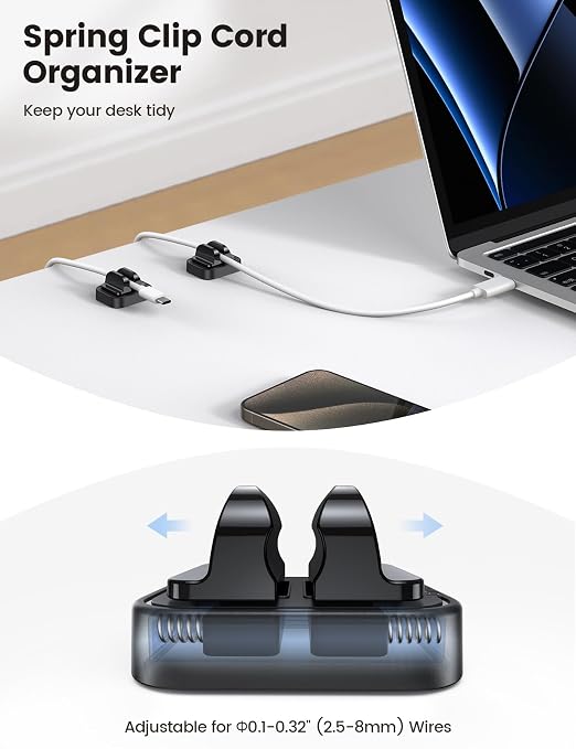 Lamicall 10 Pack [Spring Fixed] Cord Holder, Adjustable Desk Cable Clips | No-Residue Acrylic Adhesive Cable Management, Phone Charger Cord Holder for Wall Car Desktop Nightstand