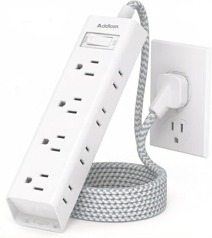 Addtam White Braided Power Strip Surge Protector with 12 Outlets, Flat Plug 5FT Extension Cord, 3-Side Wide Spaced Outlet Extender, Wall Mount Desk Charging Station for Home Office Dorm