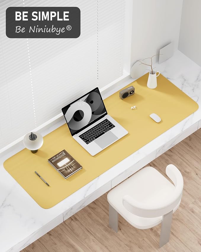 Desk Pad, 48" x 17" PU Leather Non-Slip Desk Mat Large Mouse Pad for Desktop, Waterproof Laptop Computer Writing Mat for Office, Home, Work, Gaming, Pale Yellow