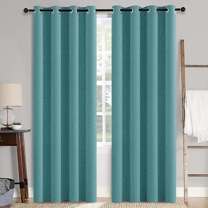 MIULEE 100% Blackout Linen Textured Curtains for Bedroom Solid Thermal Insulated Teal Grommet Room Darkening Curtains & Drapes Luxury Decor for Living Room 52 x 84 Inch (2 Panels)