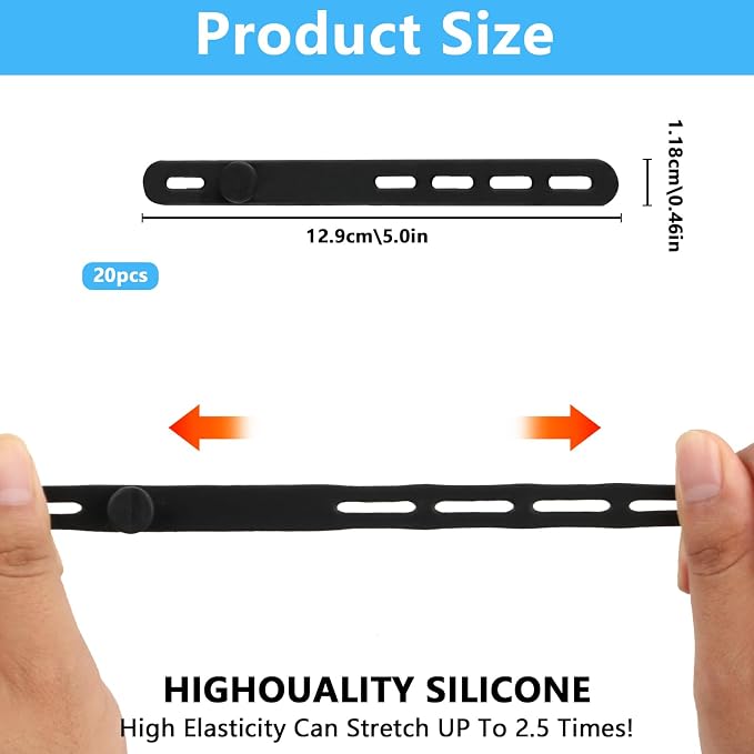 25 Pcs Black Silicone Cable Ties, Reusable Cable Straps Wire Organizer. | Cable Management Cord Organizer for Fastening Earphone Phone Charger Home Office Desk Kitchen Appliances Cable Cords Wires