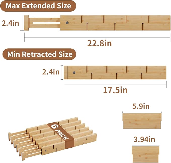 Bamboo Drawer Dividers 6 Pack with Inserts, Kitchen Adjustable Drawer Organizers for Home, Bedroom, Dresser, Expandable Organization 6 Dividers with 12 Inserts