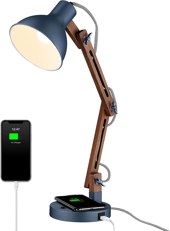 ELYONA Sapele Wood Desk Lamp with Upgraded Wireless Charger, Swing Arm Table Lamp with USB C Charging Port, Reading Task Light for Bedroom, Dorm, Office, Living Room, LED Bulb Include, Modern Blue