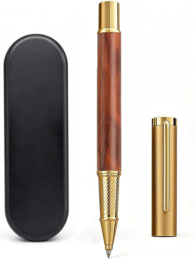 Luxury Rollerball Pen, Natural Rosewood & Metal Executive Writing Pen, Fine Point Smooth Ink, Professional Business Signature Pen Gift Set with Metal Case for Men Women