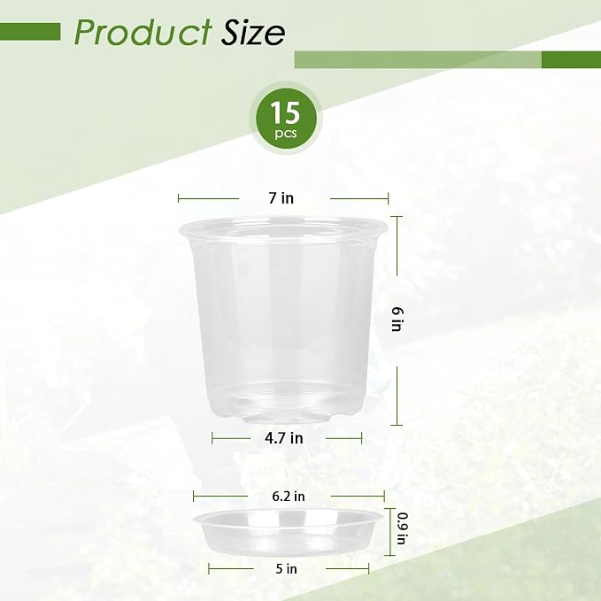 FUIJOL 7 Inch Clear Nursery Pots for Plants with Sacuers 15 Pack, Plastic Flower Pots with Drainage Holes, Variety Pack Seedlings Garden Pot for Indoor Outdoor (7 inch)