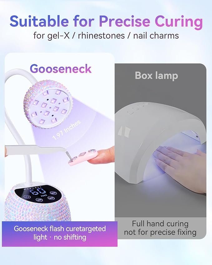 Makartt UV LED Nail Lamp - Gooseneck Flash Cure Lamp 39mW/cm² Rechargeable UV Light for Gel Nails with Auto Sensor 4 Timers Fast Curing Nail Light for Charms Gel-X Tips Rhinestones (Diamond White)